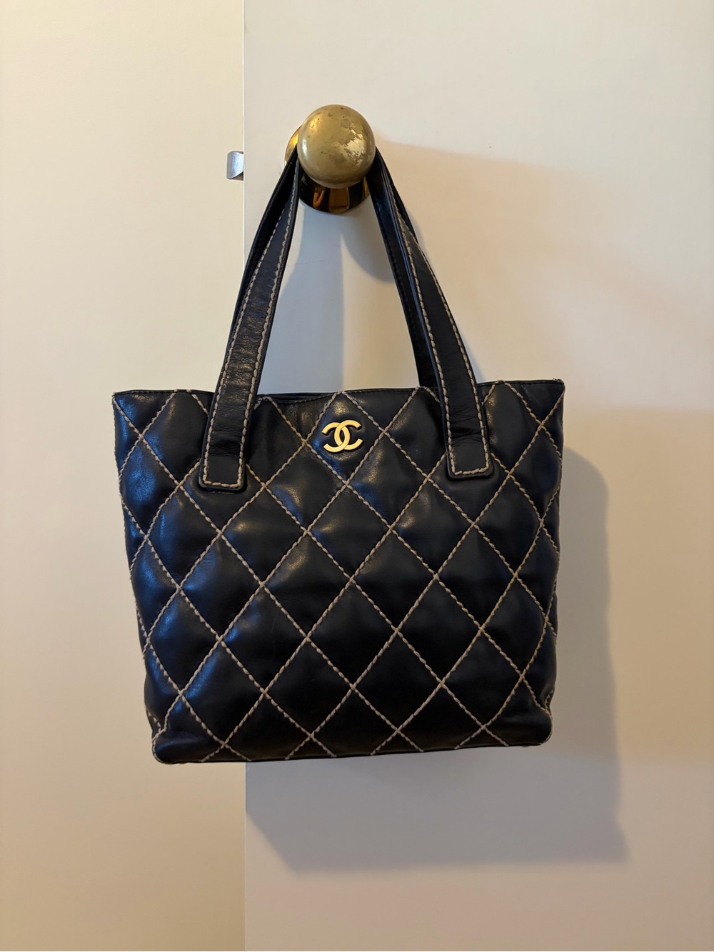 CHANEL Black Quilted Leather Tote with Gold CC Hardware